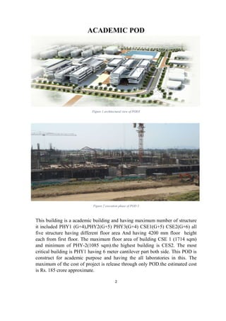 2
ACADEMIC POD
Figure 1 architectural view of POD3
Figure 2 execution phase of POD 3
This building is a academic building and having maximum number of structure
it included PHY1 (G+4),PHY2(G+5) PHY3(G+4) CSE1(G+5) CSE2(G+6) all
five structure having different floor area And having 4200 mm floor height
each from first floor. The maximum floor area of building CSE 1 (1714 sqm)
and minimum of PHY-2(1085 sqm).the highest building is CES2. The most
critical building is PHY1 having 6 meter cantilever part both side. This POD is
construct for academic purpose and having the all laboratories in this. The
maximum of the cost of project is release through only POD.the estimated cost
is Rs. 185 crore approximate.
 