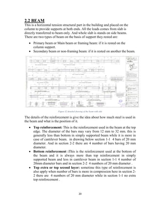20
2.2 BEAM
This is a horizontal tension structural part in the building and placed on the
column to provide supports at both ends. All the loads comes from slab is
directly transferred to beam only. And whole slab is stands on side beams.
There are two types of beam on the basis of support they rested are:
 Primary beam or Main beam or framing beam: if it is rested on the
column support.
 Secondary beam or non-framing beam: if it is rested on another the beam.
Figure 32 detailed drawing of the beam with side
The details of the reinforcement is give the idea about how much steel is used in
the beam and what is the position of it.
 Top reinforcement: This is the reinforcement used in the beam at the top
edge. The diameter of the bars may vary from 12 mm to 32 mm. this is
generally less than bottom in simply supported beam while it is more in
case of cantilever beam. in drawing below section 1-1 4 bars of 20 mm
diameter. And in section 2-2 there are 4 number of bars having 20 mm
diameter.
 Bottom reinforcement :This is the reinforcement used at the bottom of
the beam and it is always more than top reinforcement in simply
supported beam and less in cantilever beam in section 1-1 4 number of
20mm diameter bars and in section 2-2 4 numbers of 20 mm diameter .
 Top extra or top second layer: sometime this type of reinforcement is
also apply when number of bars is more in compression here in section 2-
2 there are 4 numbers of 20 mm diameter while in section 1-1 no extra
top reinforcement .
 