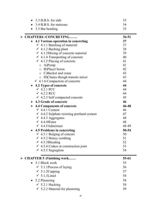 vi
 3.3 B.B.S. for slab 33
 3.4 B.B.S. for staircase 34
 3.5 Bar bending 35
 CHAPTER4 :CONCRETING……. 36-51
 4.1 Various operation in concreting 37
 4.1.1 Batching of material 37
 4.1.2 Baching plant 38
 4.1.3Mixing of concrete material 39
 4.1.4 Transporting of concrete 40
 4.1.5 Placing of concrete 41
o A)Pump 41
o B)Placer boom 42
o C)Bucket and crane 43
o D)Chutes though transite mixer 43
 4.1.6 Compaction of concrete 44
 4.2 Types of concrete 44
 4.2.1 PCC 44
 4.2.2 RCC 44
 4.2.3 Self compacted concrete 45
 4.3 Grade of concrete 46
 4.4 Components of concrete 46-48
 4.4.1 Cement 46
 4.4.2 Sulphate resisting portland cement 47
 4.4.3 Aggregates 48
 4.4.4Water 48
 4.4.5Admixture 48-49
 4.5 Problems in concreting 50-54
 4.5.1 Bulging of concret 50
 4.5.2 Honey combing 51
 4.5.3Bleeding 52
 4.5.4 Crakes at construction joint 53
 4.5.5 Segregtion 54
 CHAPTER 5 :Finishing work…… 55-61
 5.1 Block work 55
 5.1.1Process of laying 56
 5.1.2Cupping 57
 5.1.3Lintel 58
 5.2 Plastering 58
 5.2.1 Hacking 58
 5.2.2 Material for plastering 59
 