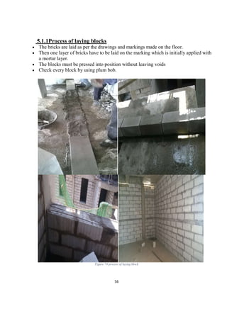 56
5.1.1Process of laying blocks
 The bricks are laid as per the drawings and markings made on the floor.
 Then one layer of bricks have to be laid on the marking which is initially applied with
a mortar layer.
 The blocks must be pressed into position without leaving voids
 Check every block by using plum bob.
Figure 74 process of laying block
 