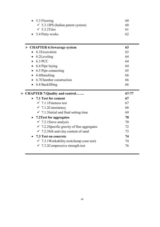 vii
 5.3 Flooring 60
 5.3.1IPS (Indian patent system) 60
 5.3.2Tiles 61
 5.4 Putty works 62
 CHAPTER 6:Sewarage system 63
 6.1Excavation 63
 6.2Leveling 64
 6.3 PCC 64
 6.4 Pipe laying 64
 6.5 Pipe connecting 65
 6.6Hunching 66
 6.7Chamber construction 66
 6.8 Backfilling 66
 CHAPTER 7:Quality and control……. 67-77
 7.1 Test for cement 67
 7.1.1Fineness test 67
 7.1.2Consistency 68
 7.1.3Initial and final setting time 69
 7.2Test for aggregates 70
 7.2.1Sieve analysis 70
 7.2.2Specific gravity of fine aggregates 72
 7.2.3Silt and clay content of sand 73
 7.3 Test on concrete 74
 7.3.1Workability test(slump cone test) 74
 7.3.2Compressive strength test 76
 