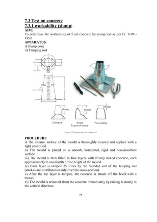 74
7.3 Test on concrete
7.3.1 workability (slump)
AIM:
To determine the workability of fresh concrete by slump test as per IS: 1199 -
1959.
APPARATUS
i) Slump cone
ii) Tamping rod
Figure 100 apparatus for slump test
PROCEDURE
i) The internal surface of the mould is thoroughly cleaned and applied with a
light coat of oil.
ii) The mould is placed on a smooth, horizontal, rigid and non-absorbent
surface.
iii) The mould is then filled in four layers with freshly mixed concrete, each
approximately to one-fourth of the height of the mould.
iv) Each layer is tamped 25 times by the rounded end of the tamping rod
(strokes are distributed evenly over the cross-section).
v) After the top layer is tamped, the concrete is struck off the level with a
trowel.
vi) The mould is removed from the concrete immediately by raising it slowly in
the vertical direction.
 