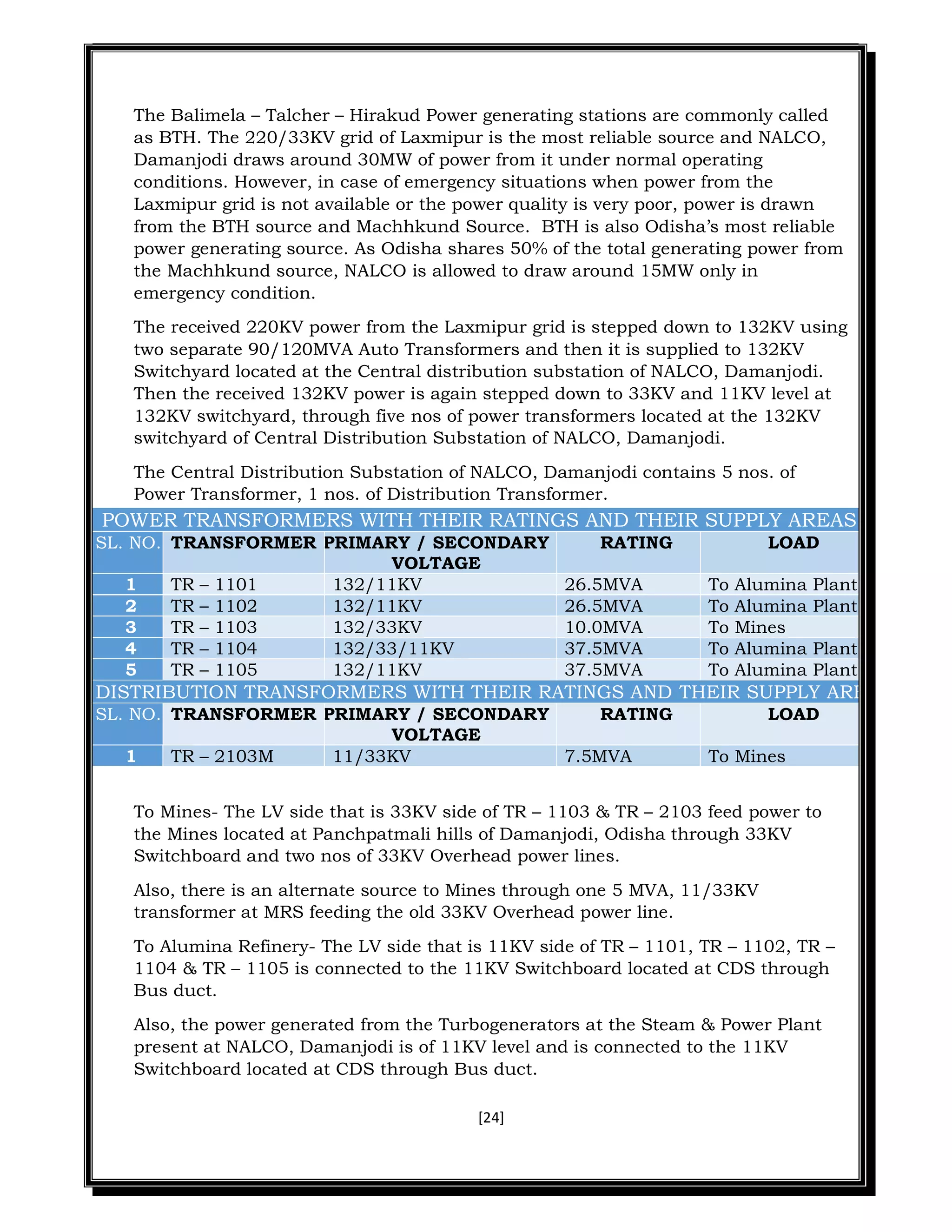 [24]
The Balimela – Talcher – Hirakud Power generating stations are commonly called
as BTH. The 220/33KV grid of Laxmipur is the most reliable source and NALCO,
Damanjodi draws around 30MW of power from it under normal operating
conditions. However, in case of emergency situations when power from the
Laxmipur grid is not available or the power quality is very poor, power is drawn
from the BTH source and Machhkund Source. BTH is also Odisha’s most reliable
power generating source. As Odisha shares 50% of the total generating power from
the Machhkund source, NALCO is allowed to draw around 15MW only in
emergency condition.
The received 220KV power from the Laxmipur grid is stepped down to 132KV using
two separate 90/120MVA Auto Transformers and then it is supplied to 132KV
Switchyard located at the Central distribution substation of NALCO, Damanjodi.
Then the received 132KV power is again stepped down to 33KV and 11KV level at
132KV switchyard, through five nos of power transformers located at the 132KV
switchyard of Central Distribution Substation of NALCO, Damanjodi.
The Central Distribution Substation of NALCO, Damanjodi contains 5 nos. of
Power Transformer, 1 nos. of Distribution Transformer.
To Mines- The LV side that is 33KV side of TR – 1103 & TR – 2103 feed power to
the Mines located at Panchpatmali hills of Damanjodi, Odisha through 33KV
Switchboard and two nos of 33KV Overhead power lines.
Also, there is an alternate source to Mines through one 5 MVA, 11/33KV
transformer at MRS feeding the old 33KV Overhead power line.
To Alumina Refinery- The LV side that is 11KV side of TR – 1101, TR – 1102, TR –
1104 & TR – 1105 is connected to the 11KV Switchboard located at CDS through
Bus duct.
Also, the power generated from the Turbogenerators at the Steam & Power Plant
present at NALCO, Damanjodi is of 11KV level and is connected to the 11KV
Switchboard located at CDS through Bus duct.
POWER TRANSFORMERS WITH THEIR RATINGS AND THEIR SUPPLY AREAS
SL. NO. TRANSFORMER PRIMARY / SECONDARY
VOLTAGE
RATING LOAD
1 TR – 1101 132/11KV 26.5MVA To Alumina Plant
2 TR – 1102 132/11KV 26.5MVA To Alumina Plant
3 TR – 1103 132/33KV 10.0MVA To Mines
4 TR – 1104 132/33/11KV 37.5MVA To Alumina Plant
5 TR – 1105 132/11KV 37.5MVA To Alumina Plant
DISTRIBUTION TRANSFORMERS WITH THEIR RATINGS AND THEIR SUPPLY AREAS
SL. NO. TRANSFORMER PRIMARY / SECONDARY
VOLTAGE
RATING LOAD
1 TR – 2103M 11/33KV 7.5MVA To Mines
 
