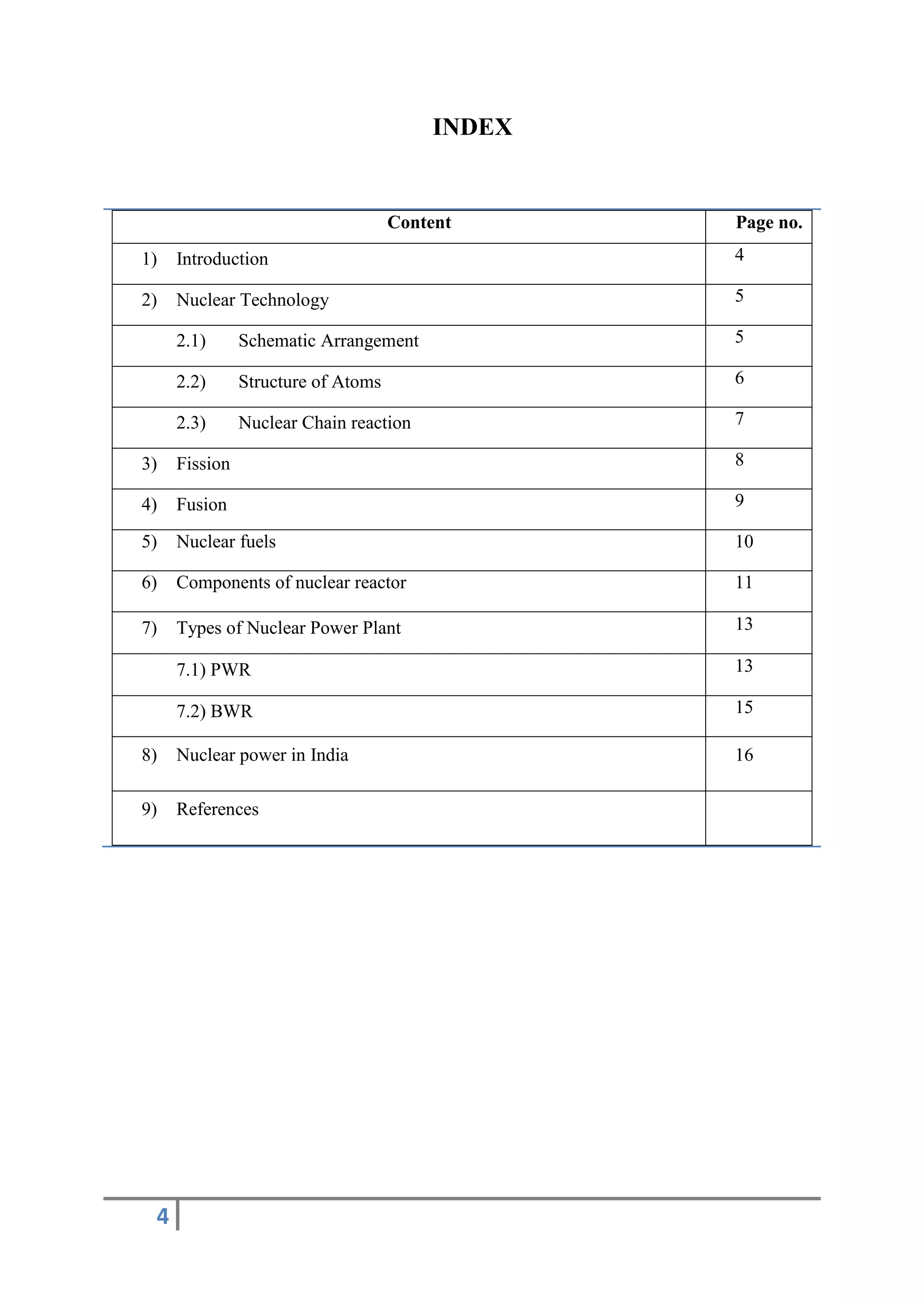 INDEX


                                    Content     Page no.
1)   Introduction                               4

2)   Nuclear Technology                         5

     2.1)      Schematic Arrangement            5

     2.2)      Structure of Atoms               6

     2.3)      Nuclear Chain reaction           7

3)   Fission                                    8

4)   Fusion                                     9

5)   Nuclear fuels                              10

6)   Components of nuclear reactor              11

7)   Types of Nuclear Power Plant               13

     7.1) PWR                                   13

     7.2) BWR                                   15

8)   Nuclear power in India                     16

9)   References




 4
 