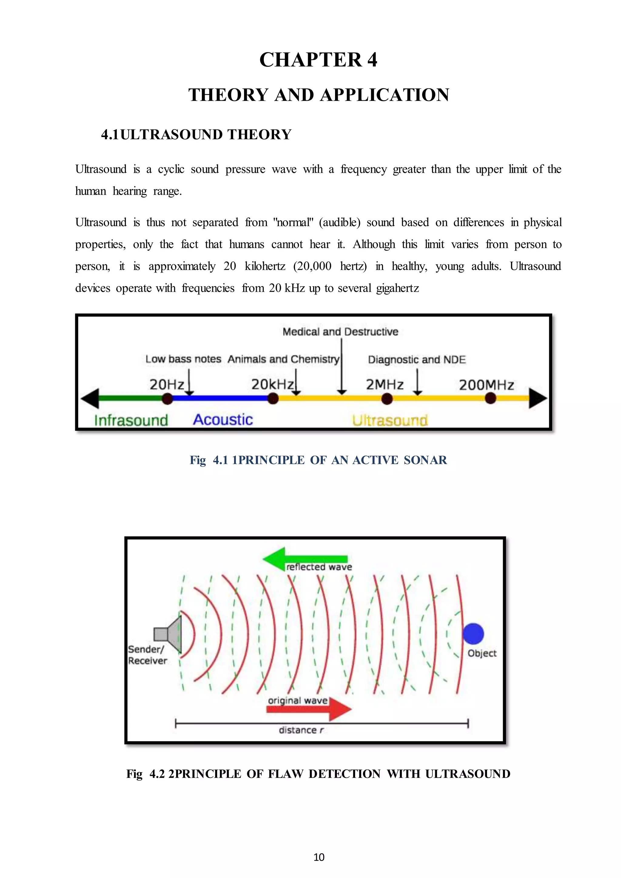 10
CHAPTER 4
THEORY AND APPLICATION
4.1ULTRASOUND THEORY
Ultrasound is a cyclic sound pressure wave with a frequency greater than the upper limit of the
human hearing range.
Ultrasound is thus not separated from "normal" (audible) sound based on differences in physical
properties, only the fact that humans cannot hear it. Although this limit varies from person to
person, it is approximately 20 kilohertz (20,000 hertz) in healthy, young adults. Ultrasound
devices operate with frequencies from 20 kHz up to several gigahertz
Fig 4.1 1PRINCIPLE OF AN ACTIVE SONAR
Fig 4.2 2PRINCIPLE OF FLAW DETECTION WITH ULTRASOUND
 