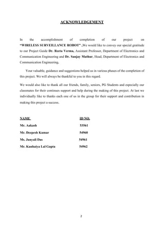 2
ACKNOWLEDGEMENT
In the accomplishment of completion of our project on
“WIRELESS SURVEILLANCE ROBOT” ,We would like to convey our special gratitude
to our Project Guide Dr. Reeta Verma, Assistant Professor, Department of Electronics and
Communication Engineering and Dr. Sanjay Mathur, Head, Department of Electronics and
Communication Engineering.
Your valuable, guidance and suggestions helped us in various phases of the completion of
this project. We will always be thankful to you in this regard.
We would also like to thank all our friends, family, seniors, PG Students and especially our
classmates for their continues support and help during the making of this project. At last we
individually like to thanks each one of us in the group for their support and contribution in
making this project a success.
NAME ID NO.
Mr. Aakash 53561
Mr. Deepesh Kumar 54960
Ms. Junyali Das 54961
Mr. Kanhaiya Lal Gupta 54962
 