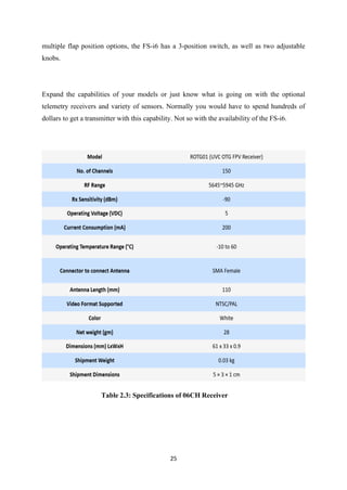 25
multiple flap position options, the FS-i6 has a 3-position switch, as well as two adjustable
knobs.
Expand the capabilities of your models or just know what is going on with the optional
telemetry receivers and variety of sensors. Normally you would have to spend hundreds of
dollars to get a transmitter with this capability. Not so with the availability of the FS-i6.
Table 2.3: Specifications of 06CH Receiver
 