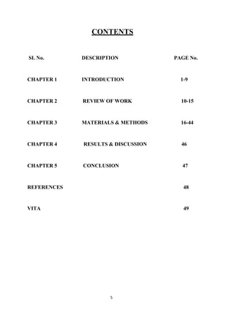 5
CONTENTS
SI. No. DESCRIPTION PAGE No.
CHAPTER 1 INTRODUCTION 1-9
CHAPTER 2 REVIEW OF WORK 10-15
CHAPTER 3 MATERIALS & METHODS 16-44
CHAPTER 4 RESULTS & DISCUSSION 46
CHAPTER 5 CONCLUSION 47
REFERENCES 48
VITA 49
 