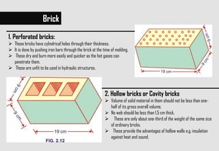 Brick
1. Perforated bricks:
 These bricks have cylindrical holes through their thickness.
 It is done by pushing iron bars through the brick at the time of molding.
 These dry and burn more easily and quicker as the hot gases can
penetrate them.
 These are unfit to be used in hydraulic structures.
2. Hollow bricks or Cavity bricks
 Volume of solid material in them should not be less than one-
half of its gross overall volume.
 No web should be less than 1.5 cm thick.
 These are only about one-third of the weight of the same size
of ordinary bricks.
 These provide the advantages of hollow walls e.g. insulation
against heat and sound.
 