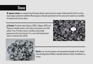 III. Igneous stones are mainly formed through volcanic material such as magma. Underneath the Earth's surface,
liquid magma cooled and solidified. Mineral gases and liquids penetrated into the stone and created new crystalline
formations with various colors.
Stone
Diorite is an intrusive igneous rock composed principally of the silicate
minerals plagioclase feldspar (typically andesine), biotite, hornblende, py
roxene.
a) Granite: Primarily made of Quartz (35%), Feldspar (45%) and
Potassium. Usually comes in dark colors and contains very little
calcite, if any. Provides a heavy crystalline and granular
appearance with mineral grains. It is a very hard material and
easier to maintain than marble
 
