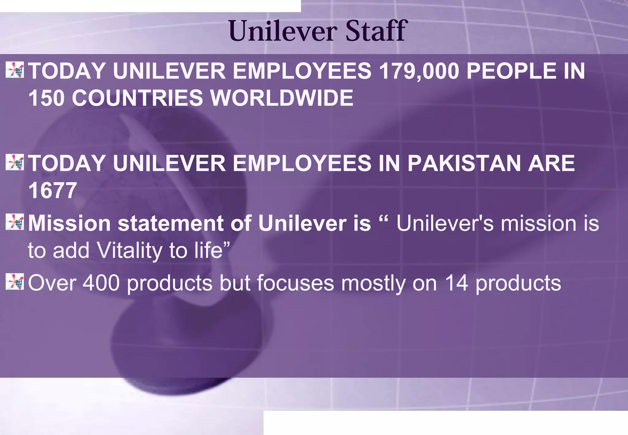 Unilever Staff 
TODAY UNILEVER EMPLOYEES 179,000 PEOPLE IN 
150 COUNTRIES WORLDWIDE 
TODAY UNILEVER EMPLOYEES IN PAKISTAN ARE 
1677 
Mission statement of Unilever is “ Unilever's mission is 
to add Vitality to life” 
Over 400 products but focuses mostly on 14 products 
 