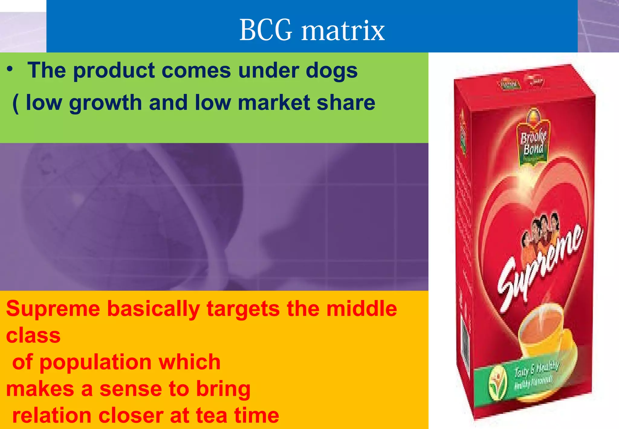 BCG matrix 
• The product comes under dogs 
( low growth and low market share 
Supreme basically targets the middle 
class 
of population which 
makes a sense to bring 
relation closer at tea time 
 
