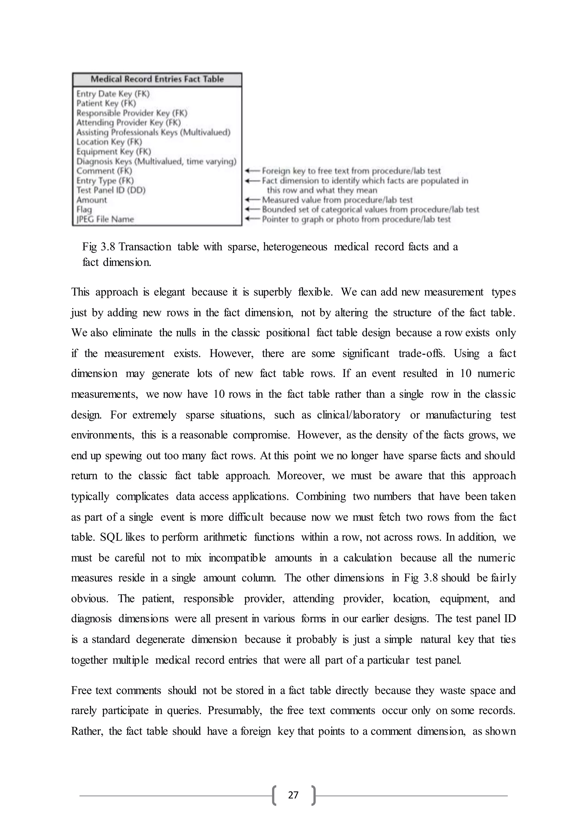 27
This approach is elegant because it is superbly flexible. We can add new measurement types
just by adding new rows in the fact dimension, not by altering the structure of the fact table.
We also eliminate the nulls in the classic positional fact table design because a row exists only
if the measurement exists. However, there are some significant trade-offs. Using a fact
dimension may generate lots of new fact table rows. If an event resulted in 10 numeric
measurements, we now have 10 rows in the fact table rather than a single row in the classic
design. For extremely sparse situations, such as clinical/laboratory or manufacturing test
environments, this is a reasonable compromise. However, as the density of the facts grows, we
end up spewing out too many fact rows. At this point we no longer have sparse facts and should
return to the classic fact table approach. Moreover, we must be aware that this approach
typically complicates data access applications. Combining two numbers that have been taken
as part of a single event is more difficult because now we must fetch two rows from the fact
table. SQL likes to perform arithmetic functions within a row, not across rows. In addition, we
must be careful not to mix incompatible amounts in a calculation because all the numeric
measures reside in a single amount column. The other dimensions in Fig 3.8 should be fairly
obvious. The patient, responsible provider, attending provider, location, equipment, and
diagnosis dimensions were all present in various forms in our earlier designs. The test panel ID
is a standard degenerate dimension because it probably is just a simple natural key that ties
together multiple medical record entries that were all part of a particular test panel.
Free text comments should not be stored in a fact table directly because they waste space and
rarely participate in queries. Presumably, the free text comments occur only on some records.
Rather, the fact table should have a foreign key that points to a comment dimension, as shown
Fig 3.8 Transaction table with sparse, heterogeneous medical record facts and a
fact dimension.
 
