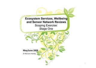Ecosystem Services, Wellbeing
   and Sensor Network Reviews
        Scoping Exercise:
           Stage One




!"#$%&'()*++,)
!"#$%"&%''#(%")*+#




                                  ,#
 