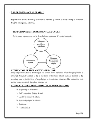 2.8 PERFORMANCE APPRAISAL


Performance is not a matter of chance; it is a matter of choice. It is not a thing to be waited
for. It is a thing to be achieved.



  PERFORMANCE MANAGEMENT AS A CYCLE
  Performance management can be described as a continues if – renewing cycle.

                                     Performance
                                          &
                                     development
                                      agreement




                                                       Managing
                       Performance                    performance
                         Review                       Throughout
                                                        the year



CONTENT OF PERFORMANCE APPRAISAL:
Every organization has to decide upon the content to be appraised before the programme is
approved. Generally content to be in the form of the basis of job analysis. Content to be
appraised may be in the form of contribution to organization objectives like production, cost
saving, return on capital, discipline, presence etc
CONTENTS TO BE APPRAISED FOR AN OFFICER’S JOB:
       • Regularity of attendance.
       • Self expression: Written & oral.
       • Ability to work with others.
       • Leadership styles & abilities.
       • Initiative.
       • Technical skill

                                                                                      Page | 24
 