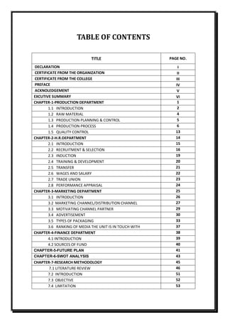 TABLE OF CONTENTS

                            TITLE                       PAGE NO.

DECLARATION                                                  I
CERTIFICATE FROM THE ORGANIZATION                           II
CERTIFICATE FROM THE COLLEGE                               III
PREFACE                                                    IV
ACKNOLEDGEMENT                                              V
EXCUTIVE SUMMARY                                           VI
CHAPTER-1-PRODUCTION DEPARTMENT                             1
       1.1 INTRODUCTION                                     2
       1.2 RAW MATERIAL                                     4
       1.3 PRODUCTION PLANNING & CONTROL                    5
       1.4 PRODUCTION PROCESS                               6
       1.5 QUALITY CONTROL                                 13
CHAPTER-2-H.R.DEPARTMENT                                   14
       2.1 INTRODUCTION                                    15
       2.2 RECRUITMENT & SELECTION                         16
       2.3 INDUCTION                                       19
       2.4 TRAINING & DEVELOPMENT                          20
       2.5 TRANSFER                                        21
       2.6 WAGES AND SALARY                                22
       2.7 TRADE UNION                                     23
       2.8 PERFORMANCE APPRAISAL                           24
CHAPTER-3-MARKETING DEPARTMENT                             25
       3.1 INTRODUCTION                                    26
       3.2 MARKETING CHANNEL/DISTRIBUTION CHANNEL          27
       3.3 MOTIVATING CHANNEL PARTNER                      29
       3.4 ADVERTISEMENT                                   30
       3.5 TYPES OF PACKAGING                              33
       3.6 RANKING OF MEDIA THE UNIT IS IN TOUCH WITH      37
CHAPTER-4-FINANCE DEPARTMENT                               38
       4.1 INTRODUCTION                                    39
       4.2 SOURCES OF FUND                                 40
CHAPTER-5-FUTURE PLAN                                      41
CHAPTER-6-SWOT ANALYSIS                                    43
CHAPTER-7-RESEARCH METHODOLOGY                             45
       7.1 LITERATURE REVIEW                               46
      7.2 INTRODUCTION                                     51
      7.3 OBJECTIVE                                        52
      7.4 LIMITATION                                       53
 
