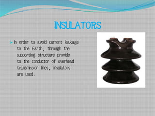 INSULATORS
In order to avoid current leakage
to the Earth, through the
supporting structure provide
to the conductor of o...