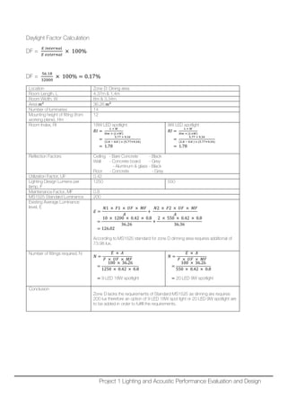 Daylight Factor Calculation
DF =
𝐸𝐸 𝑖𝑖 𝑖𝑖𝑖𝑖𝑖𝑖𝑖𝑖𝑖𝑖𝑖𝑖𝑖𝑖
𝐸𝐸 𝑒𝑒𝑒𝑒𝑒𝑒𝑒𝑒𝑒𝑒𝑒𝑒𝑒𝑒𝑒𝑒
× 100%
DF =
56.18
32000
× 100% = 0.17%
Location Zone D: Dining area
Room Length, L 4.37m & 1.4m
Room Width, W 6m & 3.34m
Area 𝑚𝑚2
36.26 𝑚𝑚2
Number of luminaries 14
Mounting height of fitting (from
working plane), Hm
12
Room Index, RI 18W LED spotlight
𝑅𝑅𝑅𝑅 =
𝐿𝐿 × 𝑊𝑊
𝐻𝐻𝐻𝐻 × (𝐿𝐿+𝑊𝑊)
=
5.77 × 9.34
(2.8 − 0.8 ) × (5.77+9.34)
= 1.78
9W LED spotlight
𝑅𝑅𝑅𝑅 =
𝐿𝐿 × 𝑊𝑊
𝐻𝐻𝐻𝐻 × (𝐿𝐿+𝑊𝑊)
=
5.77 × 9.34
(2.8 − 0.8 ) × (5.77+9.34)
= 1.78
Reflection Factors Ceiling - Bare Concrete - Black
Wall - Concrete board - Grey
- Aluminum & glass - Black
Floor - Concrete - Grey
Utilization Factor, UF 0.42
Lighting Design Lumens per
lamp, F
1250 550
Maintenance Factor, MF 0.8
MS1525 Standard Luminance 200
Existing Average Luminance
level, E
𝐸𝐸 =
𝑁𝑁1 × 𝐹𝐹1 × 𝑈𝑈𝑈𝑈 × 𝑀𝑀𝑀𝑀
𝐴𝐴
+
𝑁𝑁2 × 𝐹𝐹2 × 𝑈𝑈𝑈𝑈 × 𝑀𝑀𝑀𝑀
𝐴𝐴
=
10 × 1200 × 0.42 × 0.8
36.26
+
2 × 550 × 0.42 × 0.8
36.36
= 126.02
According to MS1525 standard for zone D dinning area requires additional of
73.98 lux.
Number of fittings required, N
𝑁𝑁 =
𝐸𝐸 × 𝐴𝐴
𝐹𝐹 × 𝑈𝑈𝑈𝑈 × 𝑀𝑀𝑀𝑀
=
100 × 36.26
1250 × 0.42 × 0.8
= 9 LED 18W spotlight
𝑁𝑁 =
𝐸𝐸 × 𝐴𝐴
𝐹𝐹 × 𝑈𝑈𝑈𝑈 × 𝑀𝑀𝑀𝑀
=
100 × 36.26
550 × 0.42 × 0.8
= 20 LED 9W spotlight
Conclusion
Zone D lacks the requirements of Standard MS1525 as dinning are requires
200 lux therefore an option of 9 LED 18W spot light or 20 LED 9W spotlight are
to be added in order to fulfill the requirements.
Project 1 Lighting and Acoustic Performance Evaluation and Design
 
