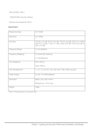- Record (Ma2. & Min.)
 - RS232/USB computer interface
- Optional wind shield ball, SB-01
Specification
Measuring range 30-130dB
Resolution 30-130dB
Accuracy 31.5Hz ±3.5 dB, 63 Hz ±2.5 dB, 125 Hz ±2.0 dB, 250 Hz ±1.9 dB,
500 Hz ±1.9 dB, 1 kHz ±1.4 dB, 2 kHz ±2.6 dB, 4 kHz ±3.6 dB, 8
kHz ± 5.6 dB
Frequency Range 31.5 to 8000Hz
Frequency Weighting A: Human Ear Listening
C: Flat Response
Time Weighting Fast: 200ms
Slow: 500ms
Auto Sampling time 1, 2, 5, 10, 30, 60, 120, 300, 600, 1800, 3600 seconds
Power Supply 6 x AA 1.5V UM3 batteries
Dimension Meter: 245 x 68 x 45mm
Microphone: 127mm dia
Weight 489g
Table 2.2.1(b) Specification of sound level meter
Project 1 Lighting and Acoustic Performance Evaluation and Design
 