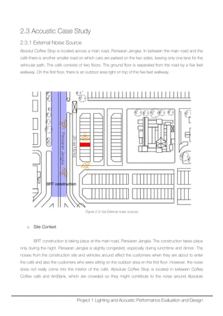 2.3 Acoustic Case Study
2.3.1 External Noise Source
Absolut Coffee Stop is located across a main road, Persiaran Jengka. In between the main road and the
café there is another smaller road on which cars are parked on the two sides, leaving only one lane for the
vehicular path. The café consists of two floors. The ground floor is separated from the road by a five feet
walkway. On the first floor, there is an outdoor area right on top of the five feet walkway.
Figure 2.3.1(a) External noise sources
o Site Context
BRT construction is taking place at the main road, Persiaran Jengka. The construction takes place
only during the night. Persiaran Jengka is slightly congested, especially during lunchtime and dinner. The
noises from the construction site and vehicles around affect the customers when they are about to enter
the café and also the customers who were sitting on the outdoor area on the first floor. However, the noise
does not really come into the interior of the café. Absolute Coffee Stop is located in between Coffea
Coffee café and AmBank, which are crowded so they might contribute to the noise around Absolute
Project 1 Lighting and Acoustic Performance Evaluation and Design
 