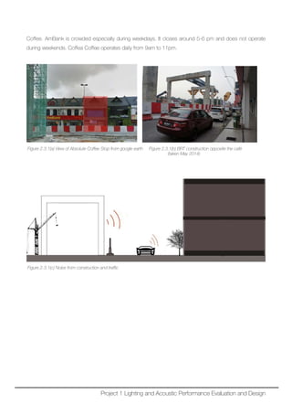 Coffee. AmBank is crowded especially during weekdays. It closes around 5-6 pm and does not operate
during weekends. Coffea Coffee operates daily from 9am to 11pm.
Figure 2.3.1(a) View of Absolute Coffee Stop from google earth Figure 2.3.1(b) BRT construction opposite the café
(taken May 2014)
Figure 2.3.1(c) Noise from construction and traffic
Project 1 Lighting and Acoustic Performance Evaluation and Design
 