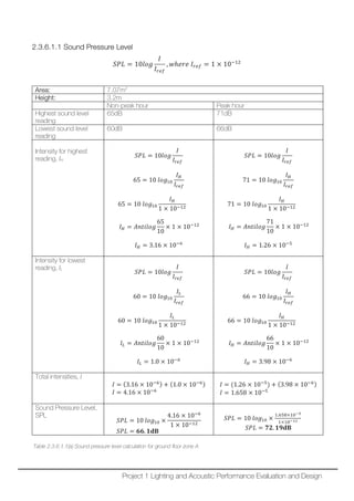 2.3.6.1.1 Sound Pressure Level
𝑆𝑆𝑆𝑆𝑆𝑆 = 10𝑙𝑙𝑙𝑙𝑙𝑙
𝐼𝐼
𝐼𝐼𝑟𝑟𝑟𝑟𝑟𝑟
, 𝑤𝑤ℎ𝑒𝑒𝑒𝑒𝑒𝑒 𝐼𝐼𝑟𝑟𝑟𝑟𝑟𝑟 = 1 × 10−12
Area: 7.07m2
Height: 3.2m
Non-peak hour Peak hour
Highest sound level
reading
65dB 71dB
Lowest sound level
reading
60dB 66dB
Intensity for highest
reading, IH
𝑆𝑆𝑆𝑆𝑆𝑆 = 10𝑙𝑙𝑙𝑙𝑙𝑙
𝐼𝐼
𝐼𝐼𝑟𝑟𝑟𝑟𝑟𝑟
65 = 10 𝑙𝑙𝑙𝑙𝑙𝑙10
𝐼𝐼𝐻𝐻
𝐼𝐼𝑟𝑟𝑟𝑟𝑟𝑟
65 = 10 𝑙𝑙𝑙𝑙𝑙𝑙10
𝐼𝐼𝐻𝐻
1 × 10−12
𝐼𝐼𝐻𝐻 = 𝐴𝐴𝐴𝐴𝐴𝐴𝐴𝐴𝐴𝐴𝐴𝐴𝐴𝐴
65
10
× 1 × 10−12
𝐼𝐼𝐻𝐻 = 3.16 × 10−6
𝑆𝑆𝑆𝑆𝑆𝑆 = 10𝑙𝑙𝑙𝑙𝑙𝑙
𝐼𝐼
𝐼𝐼𝑟𝑟𝑟𝑟𝑟𝑟
71 = 10 𝑙𝑙𝑙𝑙𝑙𝑙10
𝐼𝐼𝐻𝐻
𝐼𝐼𝑟𝑟𝑟𝑟𝑟𝑟
71 = 10 𝑙𝑙𝑙𝑙𝑙𝑙10
𝐼𝐼𝐻𝐻
1 × 10−12
𝐼𝐼𝐻𝐻 = 𝐴𝐴𝐴𝐴𝐴𝐴𝐴𝐴𝐴𝐴𝐴𝐴𝐴𝐴
71
10
× 1 × 10−12
𝐼𝐼𝐻𝐻 = 1.26 × 10−5
Intensity for lowest
reading, IL
𝑆𝑆𝑆𝑆𝑆𝑆 = 10𝑙𝑙𝑙𝑙𝑙𝑙
𝐼𝐼
𝐼𝐼𝑟𝑟𝑟𝑟𝑟𝑟
60 = 10 𝑙𝑙𝑙𝑙𝑙𝑙10
𝐼𝐼𝐿𝐿
𝐼𝐼𝑟𝑟𝑟𝑟𝑟𝑟
60 = 10 𝑙𝑙𝑙𝑙𝑙𝑙10
𝐼𝐼𝐿𝐿
1 × 10−12
𝐼𝐼𝐿𝐿 = 𝐴𝐴𝐴𝐴𝐴𝐴𝐴𝐴𝐴𝐴𝐴𝐴𝐴𝐴
60
10
× 1 × 10−12
𝐼𝐼𝐿𝐿 = 1.0 × 10−6
𝑆𝑆𝑆𝑆𝑆𝑆 = 10𝑙𝑙𝑙𝑙𝑙𝑙
𝐼𝐼
𝐼𝐼𝑟𝑟𝑟𝑟𝑟𝑟
66 = 10 𝑙𝑙𝑙𝑙𝑙𝑙10
𝐼𝐼𝐻𝐻
𝐼𝐼𝑟𝑟𝑟𝑟𝑟𝑟
66 = 10 𝑙𝑙𝑙𝑙𝑙𝑙10
𝐼𝐼𝐻𝐻
1 × 10−12
𝐼𝐼𝐻𝐻 = 𝐴𝐴𝐴𝐴𝐴𝐴𝐴𝐴𝐴𝐴𝐴𝐴𝐴𝐴
66
10
× 1 × 10−12
𝐼𝐼𝐻𝐻 = 3.98 × 10−6
Total intensities, I
𝐼𝐼 = (3.16 × 10−6) + (1.0 × 10−6)
𝐼𝐼 = 4.16 × 10−6
𝐼𝐼 = (1.26 × 10−5
) + (3.98 × 10−6)
𝐼𝐼 = 1.658 × 10−5
Sound Pressure Level,
SPL
𝑆𝑆𝑆𝑆𝑆𝑆 = 10 𝑙𝑙𝑙𝑙𝑙𝑙10 ×
4.16 × 10−6
1 × 10−12
𝑆𝑆𝑆𝑆𝑆𝑆 = 𝟔𝟔𝟔𝟔. 𝟏𝟏𝐝𝐝𝐝𝐝
𝑆𝑆𝑆𝑆𝑆𝑆 = 10 𝑙𝑙𝑙𝑙𝑙𝑙10 ×
1.658×10−5
1×10−12
𝑆𝑆𝑆𝑆𝑆𝑆 = 𝟕𝟕𝟕𝟕. 𝟏𝟏𝟏𝟏𝐝𝐝𝐝𝐝
Table 2.3.6.1.1(a) Sound pressure level calculation for ground floor zone A
Project 1 Lighting and Acoustic Performance Evaluation and Design
 