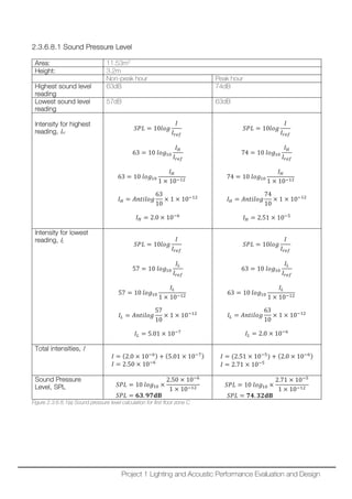 2.3.6.8.1 Sound Pressure Level
Area: 11.53m2
Height: 3.2m
Non-peak hour Peak hour
Highest sound level
reading
63dB 74dB
Lowest sound level
reading
57dB 63dB
Intensity for highest
reading, IH
𝑆𝑆𝑆𝑆𝑆𝑆 = 10𝑙𝑙𝑙𝑙𝑙𝑙
𝐼𝐼
𝐼𝐼𝑟𝑟𝑟𝑟𝑟𝑟
63 = 10 𝑙𝑙𝑙𝑙𝑙𝑙10
𝐼𝐼𝐻𝐻
𝐼𝐼𝑟𝑟𝑟𝑟𝑟𝑟
63 = 10 𝑙𝑙𝑙𝑙𝑙𝑙10
𝐼𝐼𝐻𝐻
1 × 10−12
𝐼𝐼𝐻𝐻 = 𝐴𝐴𝐴𝐴𝐴𝐴𝐴𝐴𝐴𝐴𝐴𝐴𝐴𝐴
63
10
× 1 × 10−12
𝐼𝐼𝐻𝐻 = 2.0 × 10−6
𝑆𝑆𝑆𝑆𝑆𝑆 = 10𝑙𝑙𝑙𝑙𝑙𝑙
𝐼𝐼
𝐼𝐼𝑟𝑟𝑟𝑟𝑟𝑟
74 = 10 𝑙𝑙𝑙𝑙𝑙𝑙10
𝐼𝐼𝐻𝐻
𝐼𝐼𝑟𝑟𝑟𝑟𝑟𝑟
74 = 10 𝑙𝑙𝑙𝑙𝑙𝑙10
𝐼𝐼𝐻𝐻
1 × 10−12
𝐼𝐼𝐻𝐻 = 𝐴𝐴𝐴𝐴𝐴𝐴𝐴𝐴𝐴𝐴𝐴𝐴𝐴𝐴
74
10
× 1 × 10−12
𝐼𝐼𝐻𝐻 = 2.51 × 10−5
Intensity for lowest
reading, IL
𝑆𝑆𝑆𝑆𝑆𝑆 = 10𝑙𝑙𝑙𝑙𝑙𝑙
𝐼𝐼
𝐼𝐼𝑟𝑟𝑟𝑟𝑟𝑟
57 = 10 𝑙𝑙𝑙𝑙𝑙𝑙10
𝐼𝐼𝐿𝐿
𝐼𝐼𝑟𝑟𝑟𝑟𝑟𝑟
57 = 10 𝑙𝑙𝑙𝑙𝑙𝑙10
𝐼𝐼𝐿𝐿
1 × 10−12
𝐼𝐼𝐿𝐿 = 𝐴𝐴𝐴𝐴𝐴𝐴𝐴𝐴𝐴𝐴𝐴𝐴𝐴𝐴
57
10
× 1 × 10−12
𝐼𝐼𝐿𝐿 = 5.01 × 10−7
𝑆𝑆𝑆𝑆𝑆𝑆 = 10𝑙𝑙𝑙𝑙𝑙𝑙
𝐼𝐼
𝐼𝐼𝑟𝑟𝑟𝑟𝑟𝑟
63 = 10 𝑙𝑙𝑙𝑙𝑙𝑙10
𝐼𝐼𝐿𝐿
𝐼𝐼𝑟𝑟𝑟𝑟𝑟𝑟
63 = 10 𝑙𝑙𝑙𝑙𝑙𝑙10
𝐼𝐼𝐿𝐿
1 × 10−12
𝐼𝐼𝐿𝐿 = 𝐴𝐴𝐴𝐴𝐴𝐴𝐴𝐴𝐴𝐴𝐴𝐴𝐴𝐴
63
10
× 1 × 10−12
𝐼𝐼𝐿𝐿 = 2.0 × 10−6
Total intensities, I
𝐼𝐼 = (2.0 × 10−6) + (5.01 × 10−7)
𝐼𝐼 = 2.50 × 10−6
𝐼𝐼 = (2.51 × 10−5
) + (2.0 × 10−6)
𝐼𝐼 = 2.71 × 10−5
Sound Pressure
Level, SPL 𝑆𝑆𝑆𝑆𝑆𝑆 = 10 𝑙𝑙𝑙𝑙𝑙𝑙10 ×
2.50 × 10−6
1 × 10−12
𝑆𝑆𝑆𝑆𝑆𝑆 = 𝟔𝟔𝟔𝟔. 𝟗𝟗𝟗𝟗𝐝𝐝𝐝𝐝
𝑆𝑆𝑆𝑆𝑆𝑆 = 10 𝑙𝑙𝑙𝑙𝑙𝑙10 ×
2.71 × 10−5
1 × 10−12
𝑆𝑆𝑆𝑆𝑆𝑆 = 𝟕𝟕𝟕𝟕. 𝟑𝟑𝟑𝟑𝐝𝐝𝐝𝐝
Figure 2.3.6.8.1(a) Sound pressure level calculation for first floor zone C
Project 1 Lighting and Acoustic Performance Evaluation and Design
 