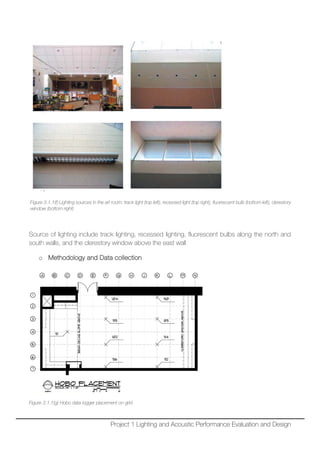 Figure 3.1.1(f) Lighting sources in the art room: track light (top left), recessed light (top right), fluorescent bulb (bottom left), clerestory
window (bottom right)
Source of lighting include track lighting, recessed lighting, fluorescent bulbs along the north and
south walls, and the clerestory window above the east wall
o Methodology and Data collection
Figure 3.1.1(g) Hobo data logger placement on grid
Project 1 Lighting and Acoustic Performance Evaluation and Design
 