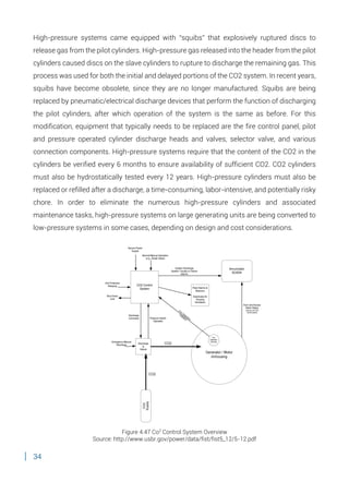 34
High-pressure systems came equipped with “squibs” that explosively ruptured discs to
release gas from the pilot cylinders. High-pressure gas released into the header from the pilot
cylinders caused discs on the slave cylinders to rupture to discharge the remaining gas. This
process was used for both the initial and delayed portions of the CO2 system. In recent years,
squibs have become obsolete, since they are no longer manufactured. Squibs are being
replaced by pneumatic/electrical discharge devices that perform the function of discharging
the pilot cylinders, after which operation of the system is the same as before. For this
modification, equipment that typically needs to be replaced are the fire control panel, pilot
and pressure operated cylinder discharge heads and valves, selector valve, and various
connection components. High-pressure systems require that the content of the CO2 in the
cylinders be verified every 6 months to ensure availability of sufficient CO2. CO2 cylinders
must also be hydrostatically tested every 12 years. High-pressure cylinders must also be
replaced or refilled after a discharge, a time-consuming, labor-intensive, and potentially risky
chore. In order to eliminate the numerous high-pressure cylinders and associated
maintenance tasks, high-pressure systems on large generating units are being converted to
low-pressure systems in some cases, depending on design and cost considerations.
Figure 4.47 Co2
Control System Overview
Source: http://www.usbr.gov/power/data/fist/fist5_12/5-12.pdf
 