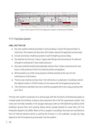 35
Figure 4.48 Location of Co2 Fire Suppression System at Basement of Publika
4.3.2.5 Dry Riser System
UBBL-SECTION 230
 Dry riser system shall be provided in every building in which the topmost floor is
more than 18.3 meters but less than 30.5 meters above fire appliance access level.
 A hose connection shall be provided in each firefighting access lobby.
 Dry shall be of minimum “class c” pipes with fittings and connections of sufficient
strength to withstand 21 bars water pressure.
 Dry risers shall be tested hydrostatically not less than 14 bars of pressure for two
hours in the presence of the Fire Authority before acceptance.
 All horizontal runs of the rising systems shall be pitched at the rate of 6.35
millimetres in 3.05 meters.
 The dry riser shall be not less than 102 millimetres in a diameter in building in which
the highest outlets is 22.875 meters or less above the fire brigade pumping inlet.
 102 millimetres diameter dry risers shall be equipped with a two-way pumping inlet
and 152.4
The dry riser system comprises of a vertical pipe with the functions of distributing water to
multiple levels of a building. It plays a very important role in the fire suppression system. Dry
risers are normally installed in fire escape staircases with an Infill (Breeching Valve) at the
building’s ground floor and Landing Valves which usually located on every floor (JP Fire
Protection System Ltd, 2009). When a fire is caught in a building. Dry risers are somewhat a
form of internal hydrants which is used by the fireman in a fire outbreak. Usually dry, they
depend on the fire engines to pump water into the system.
 