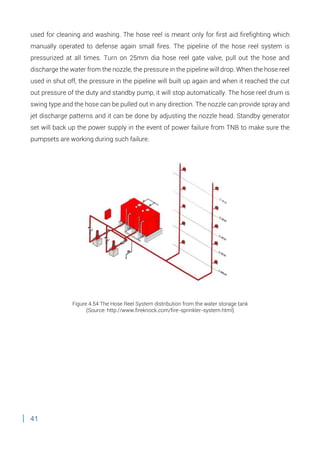 41
used for cleaning and washing. The hose reel is meant only for first aid firefighting which
manually operated to defense again small fires. The pipeline of the hose reel system is
pressurized at all times. Turn on 25mm dia hose reel gate valve, pull out the hose and
discharge the water from the nozzle, the pressure in the pipeline will drop. When the hose reel
used in shut off, the pressure in the pipeline will built up again and when it reached the cut
out pressure of the duty and standby pump, it will stop automatically. The hose reel drum is
swing type and the hose can be pulled out in any direction. The nozzle can provide spray and
jet discharge patterns and it can be done by adjusting the nozzle head. Standby generator
set will back up the power supply in the event of power failure from TNB to make sure the
pumpsets are working during such failure.
Figure 4.54 The Hose Reel System distribution from the water storage tank
(Source: http://www.fireknock.com/fire-sprinkler-system.html)
 