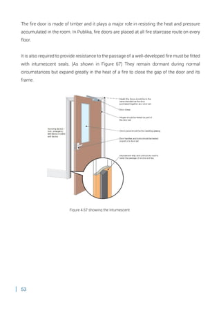 53
The fire door is made of timber and it plays a major role in resisting the heat and pressure
accumulated in the room. In Publika, fire doors are placed at all fire staircase route on every
floor.
It is also required to provide resistance to the passage of a well-developed fire must be fitted
with intumescent seals. (As shown in Figure 67) They remain dormant during normal
circumstances but expand greatly in the heat of a fire to close the gap of the door and its
frame.
Figure 4.67 showing the intumescent
seals
 