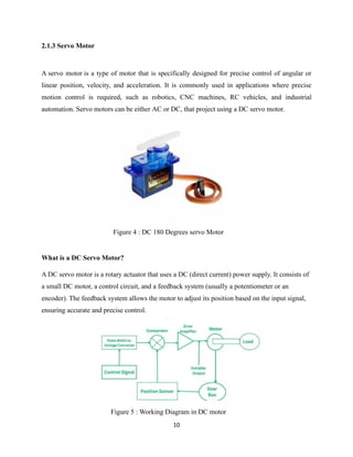 10
Figure 4 : DC 180 Degrees servo Motor
Figure 5 : Working Diagram in DC motor
2.1.3 Servo Motor
A servo motor is a type of motor that is specifically designed for precise control of angular or
linear position, velocity, and acceleration. It is commonly used in applications where precise
motion control is required, such as robotics, CNC machines, RC vehicles, and industrial
automation. Servo motors can be either AC or DC, that project using a DC servo motor.
What is a DC Servo Motor?
A DC servo motor is a rotary actuator that uses a DC (direct current) power supply. It consists of
a small DC motor, a control circuit, and a feedback system (usually a potentiometer or an
encoder). The feedback system allows the motor to adjust its position based on the input signal,
ensuring accurate and precise control.
 