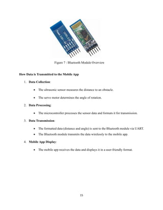 15
Figure 7 : Bluetooth Module Overview
How Data is Transmitted to the Mobile App
1. Data Collection:
• The ultrasonic sensor measures the distance to an obstacle.
• The servo motor determines the angle of rotation.
2. Data Processing:
• The microcontroller processes the sensor data and formats it for transmission.
3. Data Transmission:
• The formatted data (distance and angle) is sent to the Bluetooth module via UART.
• The Bluetooth module transmits the data wirelessly to the mobile app.
4. Mobile App Display:
• The mobile app receives the data and displays it in a user-friendly format.
 