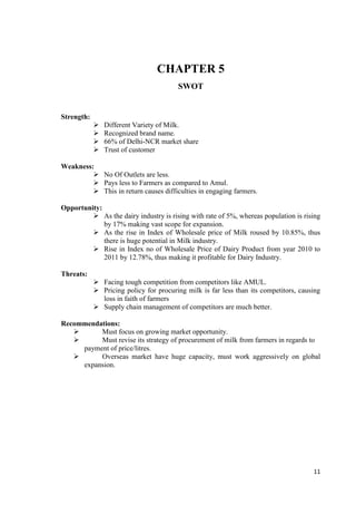 11 
CHAPTER 5 
SWOT 
Strength: 
 Different Variety of Milk. 
 Recognized brand name. 
 66% of Delhi-NCR market share 
 Trust of customer 
Weakness: 
 No Of Outlets are less. 
 Pays less to Farmers as compared to Amul. 
 This in return causes difficulties in engaging farmers. 
Opportunity: 
 As the dairy industry is rising with rate of 5%, whereas population is rising 
by 17% making vast scope for expansion. 
 As the rise in Index of Wholesale price of Milk roused by 10.85%, thus 
there is huge potential in Milk industry. 
 Rise in Index no of Wholesale Price of Dairy Product from year 2010 to 
2011 by 12.78%, thus making it profitable for Dairy Industry. 
Threats: 
 Facing tough competition from competitors like AMUL. 
 Pricing policy for procuring milk is far less than its competitors, causing 
loss in faith of farmers 
 Supply chain management of competitors are much better. 
Recommendations: 
 Must focus on growing market opportunity. 
 Must revise its strategy of procurement of milk from farmers in regards to 
payment of price/litres. 
 Overseas market have huge capacity, must work aggressively on global 
expansion. 
 