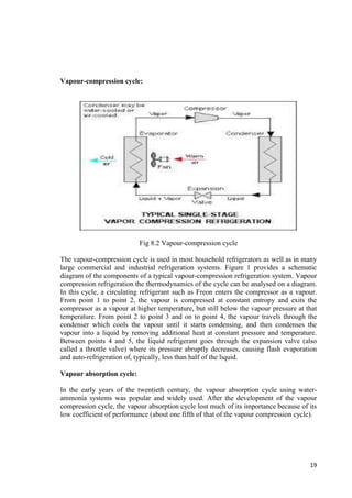 19 
Vapour-compression cycle: 
Fig 8.2 Vapour-compression cycle 
The vapour-compression cycle is used in most household refrigerators as well as in many 
large commercial and industrial refrigeration systems. Figure 1 provides a schematic 
diagram of the components of a typical vapour-compression refrigeration system. Vapour 
compression refrigeration the thermodynamics of the cycle can be analysed on a diagram. 
In this cycle, a circulating refrigerant such as Freon enters the compressor as a vapour. 
From point 1 to point 2, the vapour is compressed at constant entropy and exits the 
compressor as a vapour at higher temperature, but still below the vapour pressure at that 
temperature. From point 2 to point 3 and on to point 4, the vapour travels through the 
condenser which cools the vapour until it starts condensing, and then condenses the 
vapour into a liquid by removing additional heat at constant pressure and temperature. 
Between points 4 and 5, the liquid refrigerant goes through the expansion valve (also 
called a throttle valve) where its pressure abruptly decreases, causing flash evaporation 
and auto-refrigeration of, typically, less than half of the liquid. 
Vapour absorption cycle: 
In the early years of the twentieth century, the vapour absorption cycle using water-ammonia 
systems was popular and widely used. After the development of the vapour 
compression cycle, the vapour absorption cycle lost much of its importance because of its 
low coefficient of performance (about one fifth of that of the vapour compression cycle). 
 