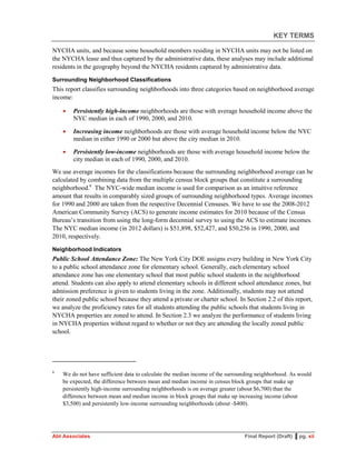 KEY TERMS
Abt Associates Final Report (Draft) ▌pg. xii
NYCHA units, and because some household members residing in NYCHA units may not be listed on
the NYCHA lease and thus captured by the administrative data, these analyses may include additional
residents in the geography beyond the NYCHA residents captured by administrative data.
Surrounding Neighborhood Classifications
This report classifies surrounding neighborhoods into three categories based on neighborhood average
income:
 Persistently high-income neighborhoods are those with average household income above the
NYC median in each of 1990, 2000, and 2010.
 Increasing income neighborhoods are those with average household income below the NYC
median in either 1990 or 2000 but above the city median in 2010.
 Persistently low-income neighborhoods are those with average household income below the
city median in each of 1990, 2000, and 2010.
We use average incomes for the classifications because the surrounding neighborhood average can be
calculated by combining data from the multiple census block groups that constitute a surrounding
neighborhood.6
The NYC-wide median income is used for comparison as an intuitive reference
amount that results in comparably sized groups of surrounding neighborhood types. Average incomes
for 1990 and 2000 are taken from the respective Decennial Censuses. We have to use the 2008-2012
American Community Survey (ACS) to generate income estimates for 2010 because of the Census
Bureau’s transition from using the long-form decennial survey to using the ACS to estimate incomes.
The NYC median income (in 2012 dollars) is $51,898, $52,427, and $50,256 in 1990, 2000, and
2010, respectively.
Neighborhood Indicators
Public School Attendance Zone: The New York City DOE assigns every building in New York City
to a public school attendance zone for elementary school. Generally, each elementary school
attendance zone has one elementary school that most public school students in the neighborhood
attend. Students can also apply to attend elementary schools in different school attendance zones, but
admission preference is given to students living in the zone. Additionally, students may not attend
their zoned public school because they attend a private or charter school. In Section 2.2 of this report,
we analyze the proficiency rates for all students attending the public schools that students living in
NYCHA properties are zoned to attend. In Section 2.3 we analyze the performance of students living
in NYCHA properties without regard to whether or not they are attending the locally zoned public
school.
6
We do not have sufficient data to calculate the median income of the surrounding neighborhood. As would
be expected, the difference between mean and median income in census block groups that make up
persistently high-income surrounding neighborhoods is on average greater (about $6,700) than the
difference between mean and median income in block groups that make up increasing income (about
$3,500) and persistently low-income surrounding neighborhoods (about -$400).
 