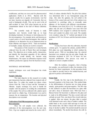 BIOL 3955: Research Seminar
2015
2
modification, and they are even used for pharmaceutical
applications (Sethi et al. 2012). Bacteria with this
capacity usually live in aquatic environments. Last but
not least, bacteria can degrade oil. Commonly, they are
used to biodegrade oil pills. This can be seen in the oil
spill accident of June 2010 when bacteria ate up the
contamination leaked in the Gulf of Mexico (Kemsley
2013).
The scientific study of bacteria is really
important; new bacteria would help us to keep
developing treatments for diseases or innovating uses for
the microorganisms. For example, lactic acid bacteria are
a good source of novel bacteriocinogenic that could be
exploited as an alternative for use as biopreservatives in
foods (Martins and Augusto 2014). There are hundreds
of examples; simply, bacteria are worth to research.
The purpose of this research is to study bacteria
collected from the soils of Puerto Rico and investigate
them. The objectives are to isolate, purify, characterize,
and identify the functional capacities of the collected
bacteria. We would identify the bacteria using
bioinformatics. We expect an affirmative response in the
antibiotic production capacity from the bacteria in study.
MATERIALS AND METHODS
Aseptic techniques were used throughout the whole
experiment.
Sample Collection
The main objective in this research is to isolate
and characterize bacteria collected from tropical soils of
Puerto Rico. To collect the sample two places where
chosen from Bo. Toita in Cayey and Bo. Asomante in
Aibonito. Aseptic technique was used to handle the
samples with the purpose of avoiding the contamination
of the sample. The soil was collected with a plastic spoon
and stored in a Ziploc bag. A thermometer was used to
measure the air temperature. The location and physical
descriptions were recorded.
Cultivation of Soil Microorganisms and pH
Determination
Once the soil samples were collected, the
cultivation of the microorganisms was the next step.
First, 1.0g was weighed and mixed in the vortex with 5-
10mL of sodium chloride (NaCl). The pH of the solution
was determined after it was homogenized using pH
strips. Also after the agitation, the soil settled to the
bottom of the conical tube and 1mL of the solution were
transferred to centrifuge tubes to eventually make
dilutions of the bacteria with different concentrations.
The dilutions were from [0] to [-5]. To cultivate in agar
plates only [0] and [-5] dilutions were used. R2A and
ISP4 mediums were assigned to cultivate the bacteria.
From each sample two plates were used. The samples
were streaked, using the “L” method and placed in the
incubator at 30°C for 24 hours until the bacterial colonies
grew.
Purifications
Twenty-four hours after the cultivation, bacterial
colonies grew. To separate the colonies, another ISP4 or
R2A plate was used (depending in which medium the
bacteria grew). With an inoculating loop, the selected
bacterium was streaked onto the new plate. Finally, the
bacterium incubated at 30°C for 24 hours for new
bacterial proliferation. This process was made in
triplicate to ensure complete isolation.
After the isolation, cryogenics, that is freezing
the samples, was performed to allow the retention of the
bacteria for future experiments. In this procedure broth
was added to provide food to the isolated bacteria, and
glycerol to protect cell membranes.
Gram Stain
Usually, the first step in the identification of a
bacterial organism is the Gram stain. This method helps
in the differentiation of bacteria into two large groups
namely, gram-positive and gram-negative. The first step
in this method is to place the bacterium on a glass slide
and add a drop of deionized water. With heat from a
Bunsen burner the bacterium is adhered to the glass and
is ready to be differentiated. The dyes crystal violet and
safranin are used. First, one drop of the crystal violet dye
is applied. After one minute, the glass slide is washed
with deionized water and a drop of iodide is added. The
iodide binds to the crystal violet and traps it in the cell.
One minute later, the slide is rinsed with water and one
drop of alcohol is added. The alcohol should be removed
almost immediately. The alcohol decolorizes the cells by
 