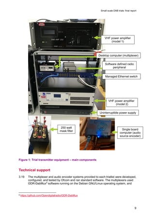 Small scale DAB trials: final report
9
Figure 1: Trial transmitter equipment – main components
Technical support
3.19 The ...