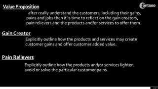 ValueProposition
after really understand the customers, including their gains,
pains and jobs then it is time to reflect on the gain creators,
pain relievers and the products and/or services to offer them.
Gain Creator
Explicitly outline how the products and services may create
customer gains and offer customer added value.
page 8
.
.
.
Pain Relievers
Explicitly outline how the products and/or services lighten,
avoid or solve the particular customer pains.
.
 