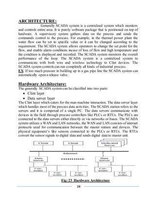 28
ARCHITECTURE:
Generally SCADA system is a centralized system which monitors
and controls entire area. It is purely software package that is positioned on top of
hardware. A supervisory system gathers data on the process and sends the
commands control to the process. For example, in the thermal power plant the
water flow can be set to specific value or it can be changed according to the
requirement. The SCADA system allows operators to change the set point for the
flow, and enable alarm conditions incase of loss of flow and high temperature and
the condition is displayed and recorded. The SCADA system monitors the overall
performance of the loop. The SCADA system is a centralized system to
communicate with both wire and wireless technology to Clint devices. The
SCADA system controls can run completely all kinds of industrial process.
EX: If too much pressure in building up in a gas pipe line the SCADA system can
automatically open a release valve.
Hardware Architecture:
The generally SCADA system can be classified into two parts:
 Clint layer
 Data server layer
The Clint layer which caters for the man machine interaction. The data server layer
which handles most of the process data activities. The SCADA station refers to the
servers and it is composed of a single PC. The data servers communicate with
devices in the field through process controllers like PLCs or RTUs. The PLCs are
connected to the data servers either directly or via networks or buses. The SCADA
system utilizes a WAN and LAN networks, the WAN and LAN consists of internet
protocols used for communication between the master station and devices. The
physical equipment’s like sensors connected to the PLCs or RTUs. The RTUs
convert the sensor signals to digital data and sends digital data to master unit.
Fig: 23 Hardware Architecture
 