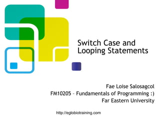 Switch Case and
              Looping Statements



                    Fae Loise Salosagcol
FM10205 – Fundamentals of Programming :)
                  Far Eastern University

  http://eglobiotraining.com
 