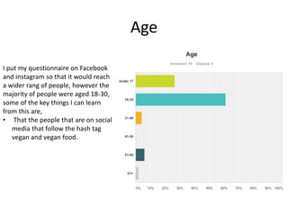 Age
I put my questionnaire on Facebook
and instagram so that it would reach
a wider rang of people, however the
majority of people were aged 18-30,
some of the key things I can learn
from this are,
• That the people that are on social
media that follow the hash tag
vegan and vegan food.
 