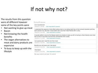 If not why not?
The results from this question
were all different however
some of the key points were
• Not wanting to give up meat
• Bacon
• Not knowing the health
benefits
• The vegan alternatives to
meat and dairy products are
expensive
• To busy to keep up with the
lifestyle
 