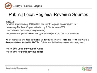 County of Fairfax, Virginia
Public | Local/Regional Revenue Sources
HB2313
Provides approximately $300 million per year to...
