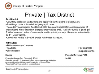 County of Fairfax, Virginia
Private | Tax District
Tax District
•Voluntary petition of landowners and approved by the Boar...