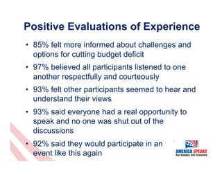 Positive Evaluations of Experience
•  85% felt more informed about challenges and
   options for cutting budget deficit
• ...