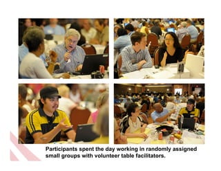 Participants spent the day working in randomly assigned
small groups with volunteer table facilitators.
 