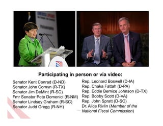 Participating in person or via video:
Senator Kent Conrad (D-ND)         Rep. Leonard Boswell (D-IA)
Senator John Cornyn (...