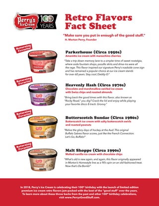 Retro Flavors
Fact Sheet
“Make sure you put in enough of the good stuff.”
H. Morton Perry, Founder
In 2018, Perry’s Ice Cream is celebrating their 100th
birthday with the launch of limited edition
premium ice cream retro flavors jam-packed with the best of the “good stuff” over the years.
To learn more about these throw backs from the past and other 100th
birthday celebrations,
visit www.PerrysGoodStuff.com.
Malt Shoppe (Circa 1990s)
Malted vanilla ice cream with chocolate chips
“What’s old is new again, and again, this flavor originally appeared
in Morton’s Homestyle line as a 90’s spin on an old-fashioned treat.
Now that’s Da Bomb!”
Butterscotch Sundae (Circa 1980s)
Butterscotch ice cream with salty butterscotch swirls
and roasted peanuts
“Relive the glory days of hockey at the Aud. This original
Buffalo Sabres flavor scores, just like the French Connection.
Let’s Go, Buffalo!”
Heavenly Hash (Circa 1970s)
Chocolate and marshmallow swirled ice cream
with Swiss chips and roasted almonds
“Bring back the good times with this flavor, also known as
“Rocky Road,” you dig? Crack the lid and enjoy while playing
your favorite disco 8-track. Groovy.”
Parkerhouse (Circa 1950s)
Amaretto ice cream with maraschino cherries
“Take a trip down memory lane to a simpler time of sweet nostalgia,
where soda fountain shops, poodle skirts and drive-ins were all
the rage. This flavor inspired our signature Perry’s roadside cone sign
and has remained a popular choice at our ice cream stands
for over 60 years. Stay cool, Daddy-O.”
Returning
Favorite!
Returning
Favorite!
Returning
Favorite!
Returning
Favorite!
 